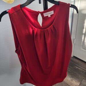 Calvin Klein Red Pleated Neckline Blouse with Keyhole Back
